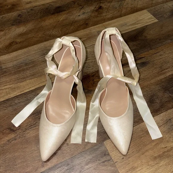 Ivory Satin Jacquard Bridal Heels with Ribbon Tie - Picture 2 of 8